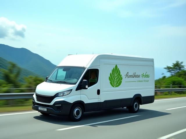 Larawan ng van na nagde-deliver sa magandang tanawin